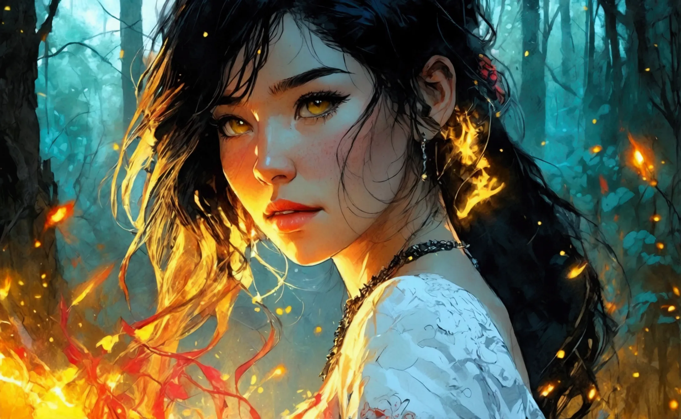 CREATE A COMIC PAGE ,  FACE OF A BEAUTIFUL WOMAN WITH MEDIUM-STRIPPED DARK HAIR,  in a forest, looking at me, VIBRANT FIRE YELLOW MACRO EFFECT HDR , deliberate, ::jason fabok   and yoji shinkawa  style ::2.0 comix illustration style,tatoon style , comic bo...