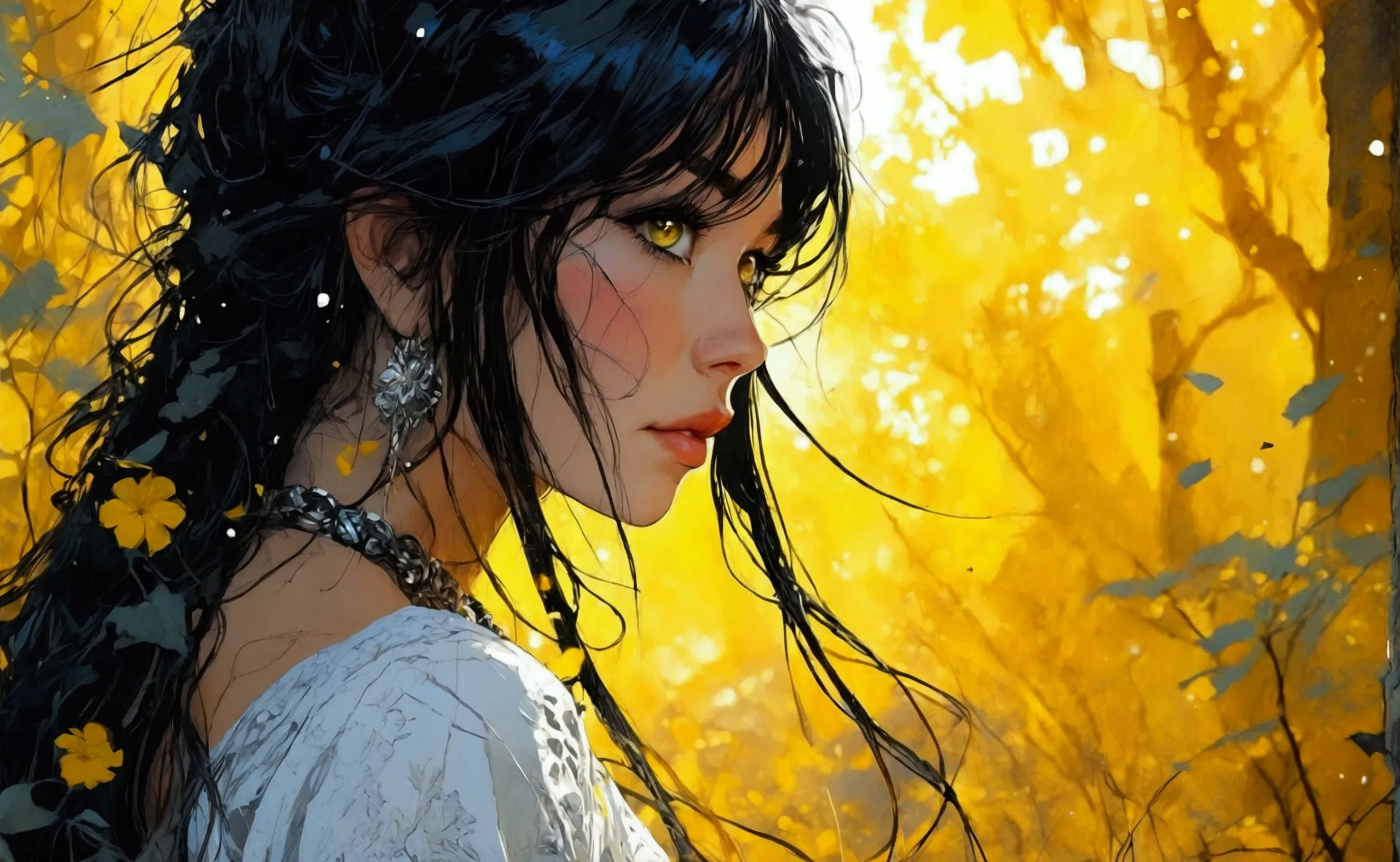  BEAUTIFUL WOMAN WITH DARK STRIPPED HAIR ,  in a forest, looking at me, VIBRANT FIRE YELLOW MACRO EFFECT HDR , deliberate, ::jason fabok   and yoji shinkawa  style ::2.0 comix illustration style,tatoon style , comic book style   ,beautiful woman with long ...