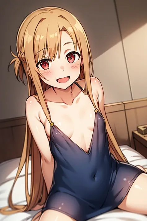 ((Best Quality)), ((masterpiece)), (be familiar with),  perfect face, indoor, bedroom,  watching viewers ,
One woman,  Asuna Yuki,
 characters with open mouth ,  ecstatic expression, blush, smile,
Small breasts,  flat chest, Young girl, Lori,  kids,  girl,...