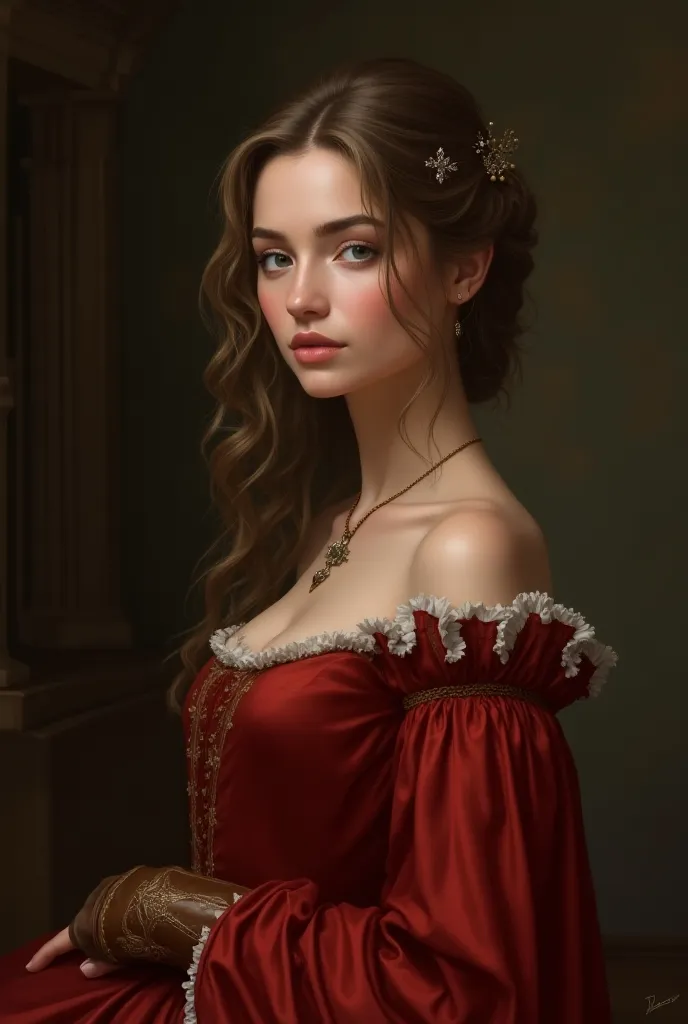 light brown hair, wavy and half up with some loose strands in the front and some hair ornaments. With a long red medieval dress and brown boots 
