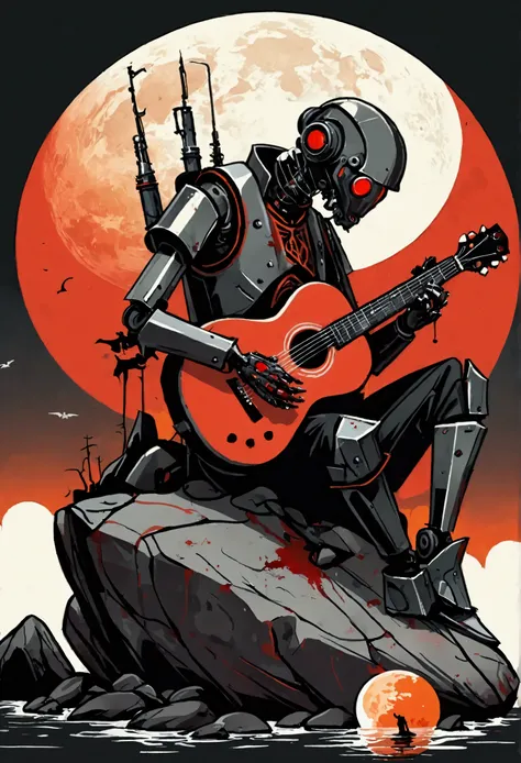 1 pzsj1, (flat, user interface vector style), (world in a bottle), wasteland,(A very poor old mech sitting on a rock playing guitar:1.3),(the guitar player),(Sitting:1.2),rust,Wearing tattered armor,Viewers in the distance,Gothic,(Concert scene),(Gothic St...