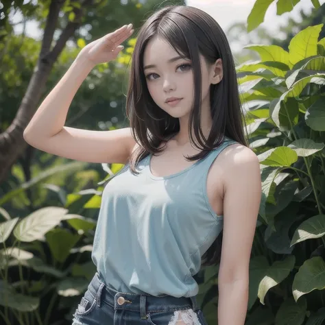 a medium-sized asian woman stands in front of a backdrop of lush green trees and leaves. she wears a sleeveless, slit-neck top w...