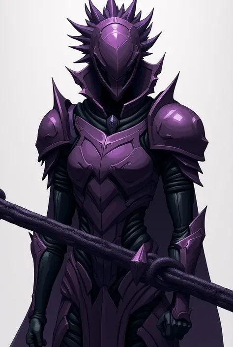 Create a knight in very dark purple armor , who uses a chain as a weapon and a helmet based on a hedgehog ,  the helmet must be metallic and the anime-style character the character looks slim but the thinnest wall of his armor is his arms that are covered ...