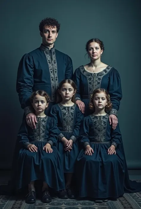 Commemorative photo of a family of five taken at a photo studio, Medieval European aristocrats, all expressionless and nervous, blue filter effects