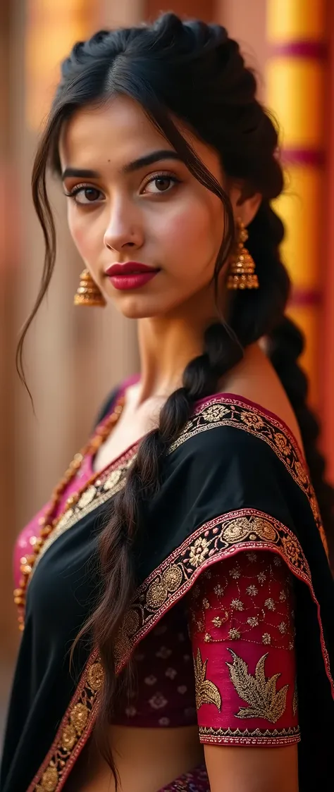 Closeup portrait of a Young european women, 18 years old, "Traditional South indian clothing and fashion" wearing vibrant black saari with embroidery and sexy blouse, huge round breast, Diwali decoration background, standing, indian village depth of field,...