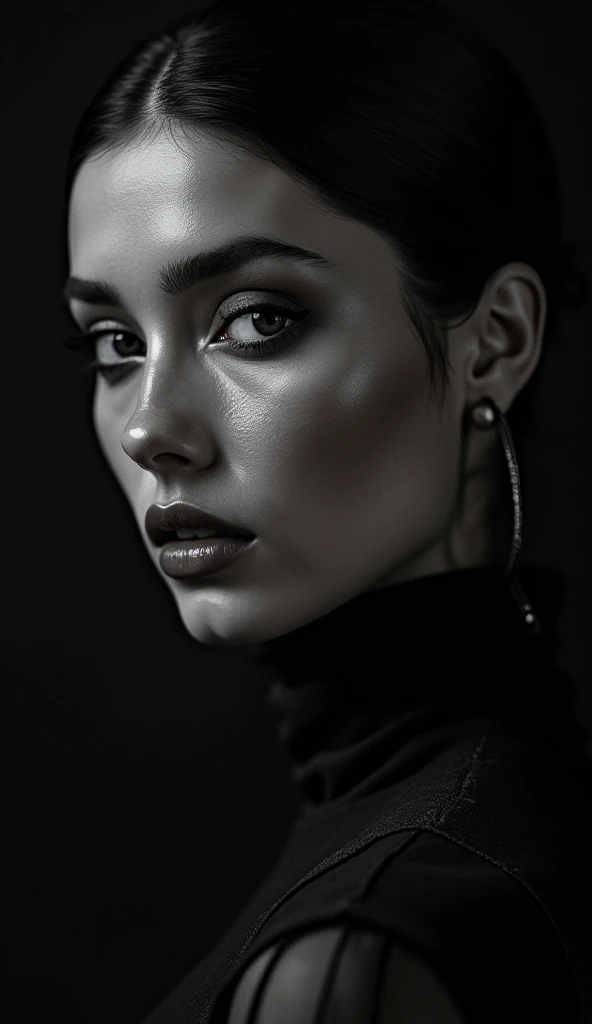 "Ultra-high fashion portrait, cinematic dark mood, masterful Rembrandt lighting, professional medium format detail, dramatic shadows and highlights, editorial luxury finish, sophisticated composition, fashion noir atmosphere, deep rich blacks, silver highl...