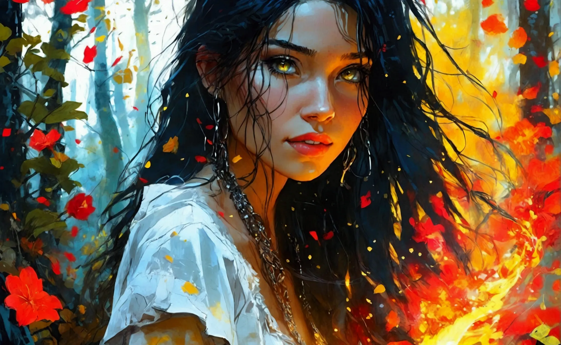 beautiful woman with dark stripped hair ,  in a forest, looking at me, vibrant fire yellow macro effect hdr , deliberate, ::jaso...