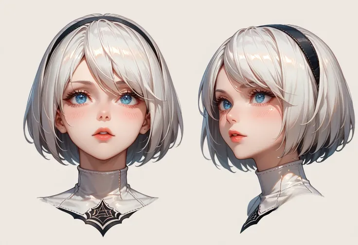 character sheet desing lady 2b from nier automata, only head. beauty face, perfect proportion, beauty, ultra detailed face. view...