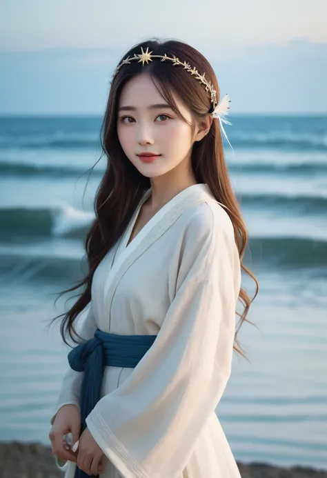  A Japanese girl came out of the sea ,   art style  , Beautiful and calm face,  blue eyes,  with long brown hair ,   The moon is woven into the hair on the back of her head , Ancient white shining clothes ,  wears a Kokoshnic crown on her head, A loving ga...