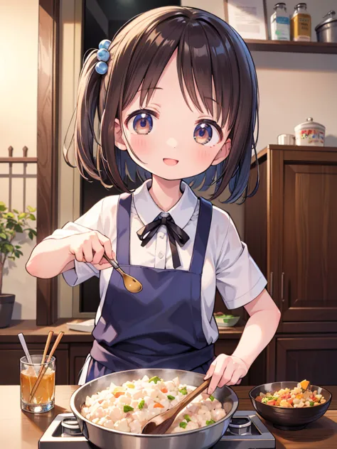 (masterpiece, ultra-detailed, best quality, clear focus, dramatic scene, cinematic), shadow, (ultra-high resolution, 8k), perfect anatomy, perfect face, (detailed face, detailed eye), cute Japanese girl, famous Japanese idol, very beautiful and cute and cool face, dynamic pose, dynamic angle, (she is cooking at the home kitchen, She is making fried rice in a wok, Professional powerful gas stove), happy smile, wearing a cute colored and gorgeous decorated chef's uniform, antique furnishings , 