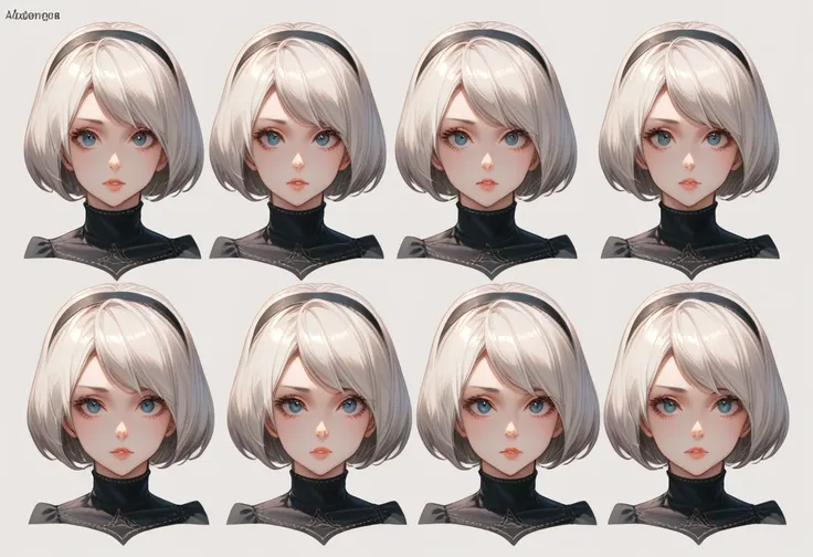 character sheet desing lady 2b from nier automata, only head. beauty face, perfect proportion, beauty, ultra detailed face. view...