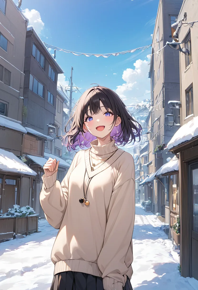 masterpiece, best quality, score_9, score_8_up, girl, smile, open mouth, sweater, outdoor,