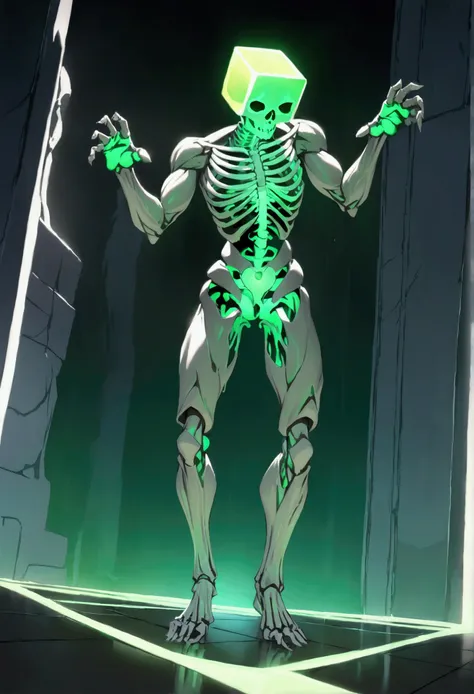 dynamic full body pose of a skeleton inside a thin layer of ooze that acts as his skin, the ooze around his head is shaped like a cube helmet and centralized around his skull. His ooze flesh is muscular around the skeleton pieces and his ooze flesh is tint...