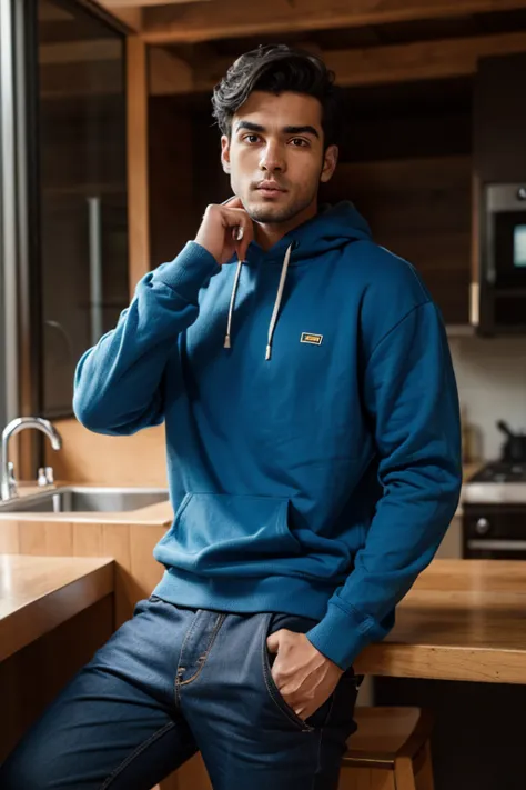 high quality image, man,  brasileiro, high,  black hair , wearing blue sweatshirt, blue pants.