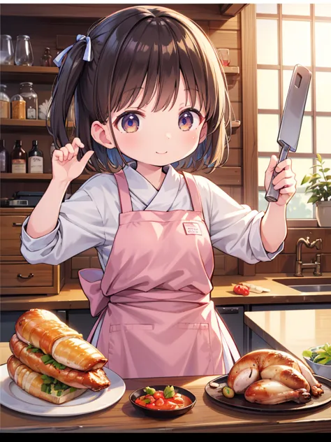 (masterpiece, ultra-detailed, best quality, clear focus, dramatic scene, cinematic), shadow, (ultra-high resolution, 8k), perfect anatomy, perfect face, (detailed face, detailed eye), cute Japanese girl, famous Japanese idol, very beautiful and cute and cool face, dynamic pose, dynamic angle, (she is cooking at the home kitchen, She is making a Roasted whole chicken, Professional powerful gas stove), happy smile, wearing a cute colored and gorgeous decorated chef's uniform with frills, ribbon, antique furnishings , 