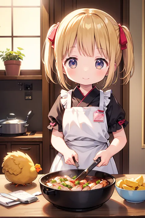 (masterpiece, ultra-detailed, best quality, clear focus, dramatic scene, cinematic), shadow, (ultra-high resolution, 8k), perfect anatomy, perfect face, (detailed face, detailed eye), cute Japanese girl, famous Japanese idol, very beautiful and cute and cool face, dynamic pose, dynamic angle, (she is cooking at the home kitchen, She is making a Roasted whole chicken, Professional powerful gas stove), happy smile, wearing a cute colored and gorgeous decorated chef's uniform with frills, ribbon, antique furnishings ,