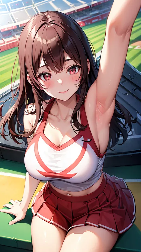 ((highest quality, muste piece, High resolution)), Zoom photo from above, Cheerleader, red Cheerleader costumes, (cute smile:1.5, blush:1.5, looking up:1.2), nsfw, big breasts, She is an adult woman with a mysterious and charming aura, pink eye, mole under...