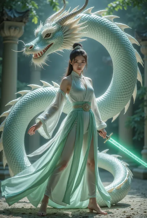 1 beautiful girl , (Hanfu:1.2),Chinese Dragon,Female Swordsman,Hand on the hilt,Emerald Blade Spark ,Front view, whole body, (( Best quality)), ((masterpiece)), (( actual )), Ultra HD,