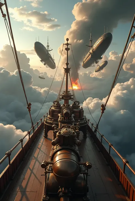 Symmetrical view from the deck of a steampunk airship in the sky with steampunk airships fighting and exploding in the background. There are no people in the image.