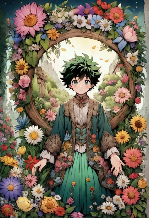 Izuku Midorilla fairytale man of the effeminate forest shota meadow background full of flowers dressed in many details 