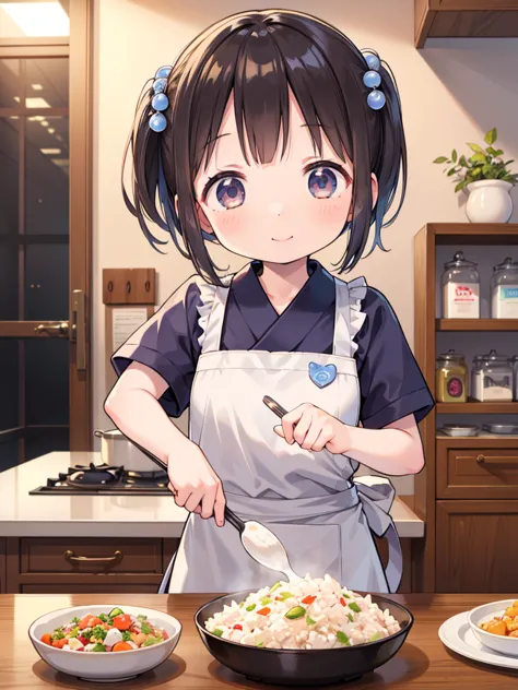 (masterpiece, ultra-detailed, best quality, clear focus, dramatic scene, cinematic), shadow, (ultra-high resolution, 8k), perfect anatomy, perfect face, (detailed face, detailed eye), cute Japanese girl, famous Japanese idol, very beautiful and cute and cool face, dynamic pose, dynamic angle, (she is cooking at the home kitchen, She is making fried rice in a wok, Professional powerful gas stove), happy smile, wearing a cute colored and gorgeous decorated chef's uniform, light blue apron, antique furnishings , 