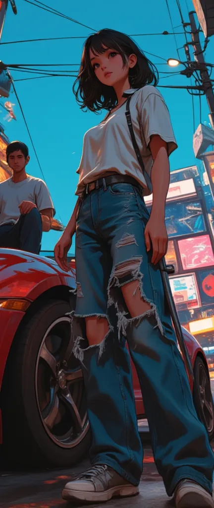  Anatomically Correct, plano general,   full body , (( car a woman in broken jeans standing next to a car,  a man sitting on the hood of the GTA v  :1.5)), Style Ross Tran, realistic art style,  In the style of Ross Tran , Ross Tran.  Scenic background  ,   beautiful digital artwork  , lois van rossdraws, realistic art style,  impressive digital illustration , ross drawings 1 . 0,   impressive art style  ,   Leia Organa from Star Wars    ,quality\(8K, extremely detailed CG unit wallpaper ,  high resolution, top-quality, top-quality real texture skin,  hyperrealistic,   increase resolution  , RAW photos, best quality,  highly detailed , The wallpaper  ,  Golden Ratio ,    high saturation realism   ,   vibrant colors  ,   'dramatic lighting'  ,   persuasive storytelling  ,   atmospheric scenery  , Captivating images,   intricate details  , strong emotions, dream world\).landscape, U High definition , Retina,  masterpiece , necessary,  Anatomically Correct,  de la vieja escuela,  super detail , High details,  high quality ,  Winner Award  , best quality, highres, 1080P,  High definition , 16K