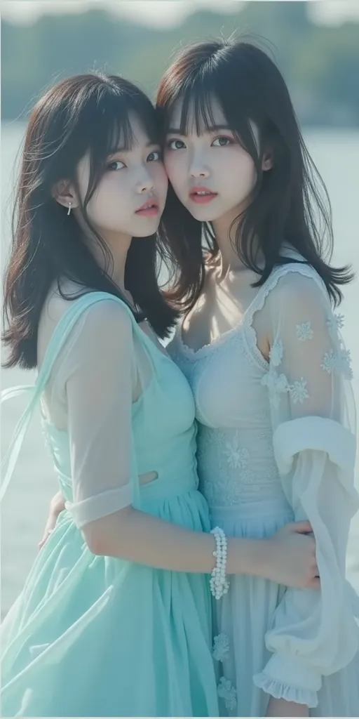 Two beautiful girls ， with veins looking at each other。