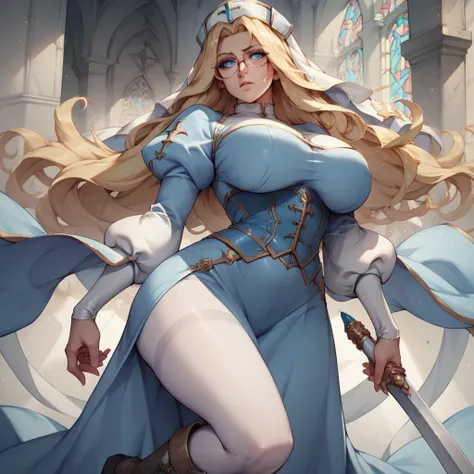 Melpha_(Queens Blade) huge breasts. long hair, blonde hair, blue eyes, glasses,priest, mitre, white headgear, blue dress, long sleeves, puffy sleeves, white pantyhose, corset, boots,