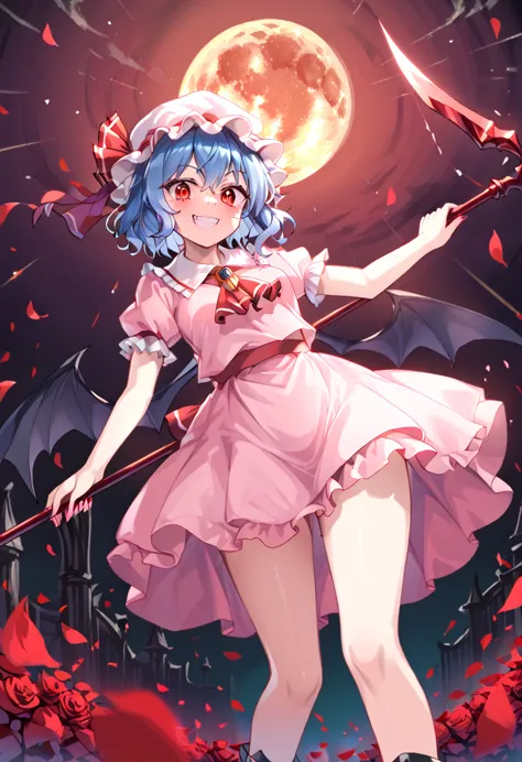 1girl, sparkle, star \(symbol\), remilia scarlet, mob cap, red eyes, glowing eyes:1, bat wings, ribbon, frilled shirt collar, sh...