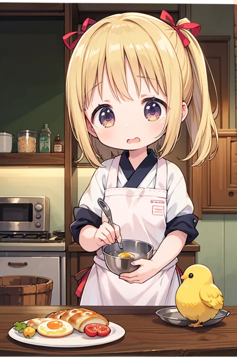 (masterpiece, ultra-detailed, best quality, clear focus, dramatic scene, cinematic), shadow, (ultra-high resolution, 8k), perfect anatomy, perfect face, (detailed face, detailed eye), cute Japanese girl, famous Japanese idol, very beautiful and cute and cool face, dynamic pose, dynamic angle, (she is cooking at the home kitchen, She is trying to make a fried egg in a frying pan, She cracks the egg and is about to put it in the bowl when suddenly a chick is born, Several chicks are walking around, The chick pops out after breaking the egg), panicking, open mouth, (wavy mouth:1.3), wearing a cute pastel colored with decorated chef's uniform with frills, ribbon, antique furnishings ,