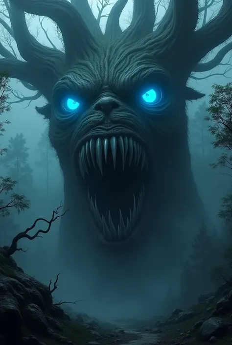 close up of a big tree with glowing blue eyes and razor sharp teeth in the foggy night forest, nightmare, highest definition, highest detail, highest quality, steel teeth 