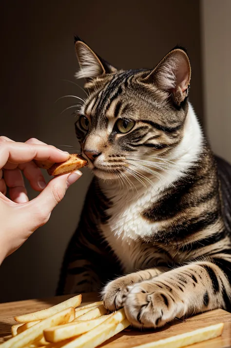 a cat eating a rounded steak, french fries and coca-cola, detailed feline features, beautiful fur texture, detailed whiskers, de...