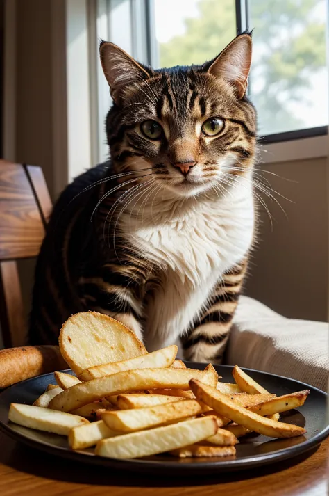 a cat eating a flank steak, french fries and coca-cola, detailed feline features, beautiful fur texture, detailed whiskers, deta...