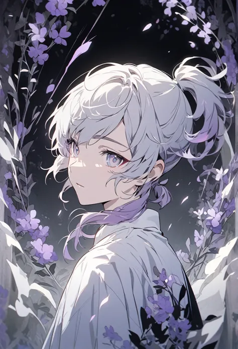 create a soft, anime-style portrait of a boy with a calm, ethereal appearance. the character has short ponytail lavender-gray ha...