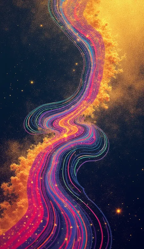 Milky Way drawn with colorful fluorescent paint line art, the background galaxy is drawn with gold powder, art