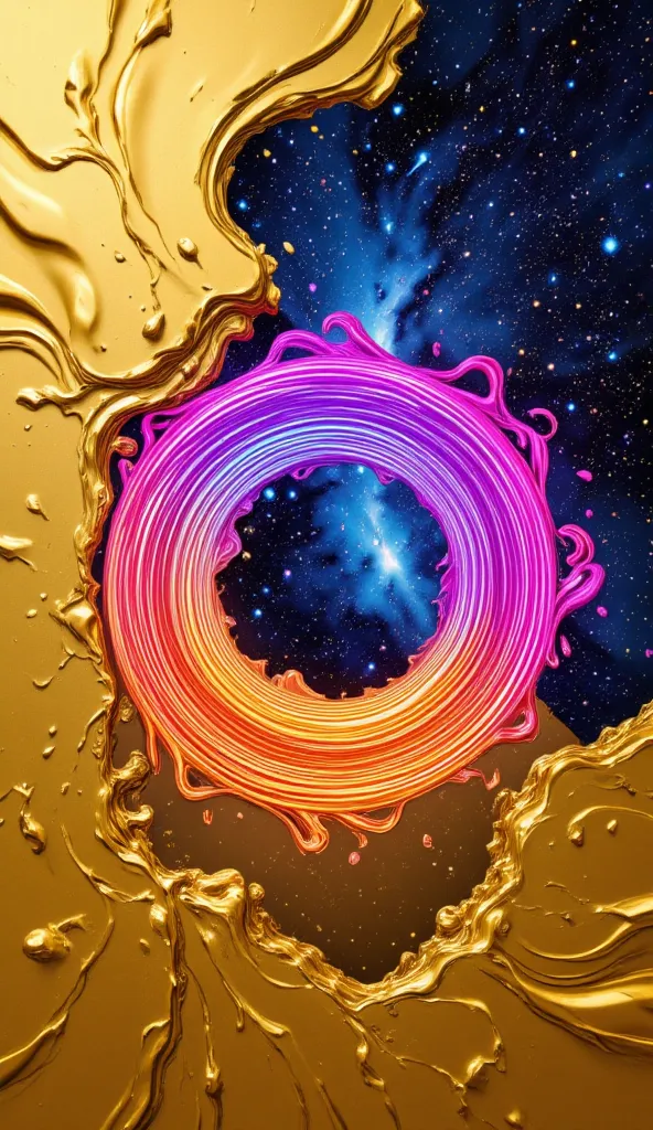 milky way drawn with colorful fluorescent paint line art, the background galaxy is drawn with gold powder, art