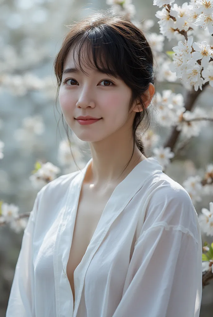   A very detailed depiction of a young Asian woman  ,  The Pale  ,   The Graceful Character  ,  Gives Her An Angelic Look .   For Her Expressive Eyes 、 is full of innocence and wonder that enhances softness ,   The tone of her hair and skin  .  she is wearing a large full open shirt,   Her Aesthetics  ,   cherry blossoms surround her 、 enhances the light .  created by Sasan .   her expression is calm and slightly melancholic  , Quiet, Introspective mood,  standing in front of the cherry blossom tree .   Background Softly Surrounding Her Delicate Face  , 。 cool colors 、穏やかでQuiet雰囲気を醸し出しています ,  Her smile 、 gentle It creates a serene atmosphere  . whole body、( big breasts at the temple、 fully open and actively shows her chest 、 Slingshot Swimsuit:2)、