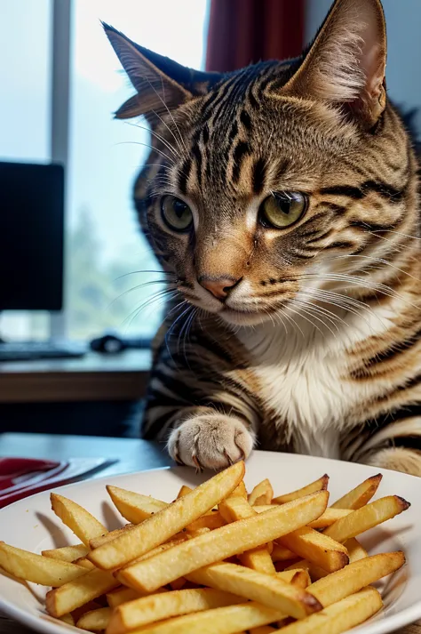 a cat eating a rounded steak, french fries and coca-cola, detailed feline features, beautiful fur texture, detailed whiskers, de...