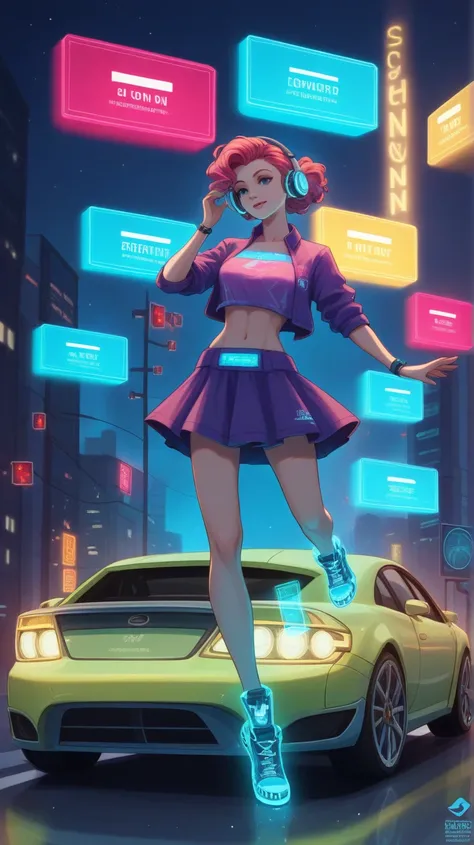 Create a neo-futuristic illustration of a chrome-enhanced woman beside a heavily modified Nissan Skyline R33 GTR with holographic paint shifting between electric blue and neon yellow. The car features augmented reality displays, floating holographic gauges...