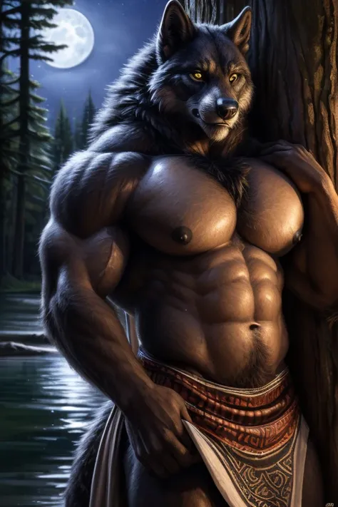 Alone, ((werewolf)), ((black body)), (Erect ears), ((yellow eyes)), (Height: 2,55m), (Weight: 265 kg ), (( using a tribe cloth on the private parts)), (((male face))), ((( large muscular arms ))), (( Detailed eyes)), ((((())))), ((((leaning against a tree)...