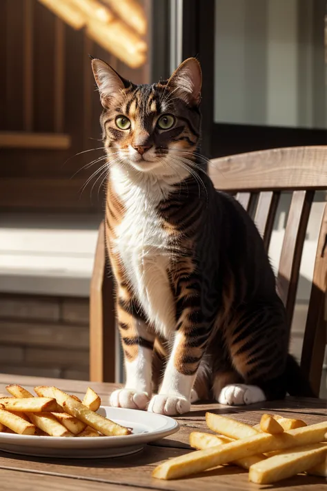 a cat eating barbecue, french fries and coca-cola, detailed feline features, beautiful fur texture, detailed whiskers, detailed ...