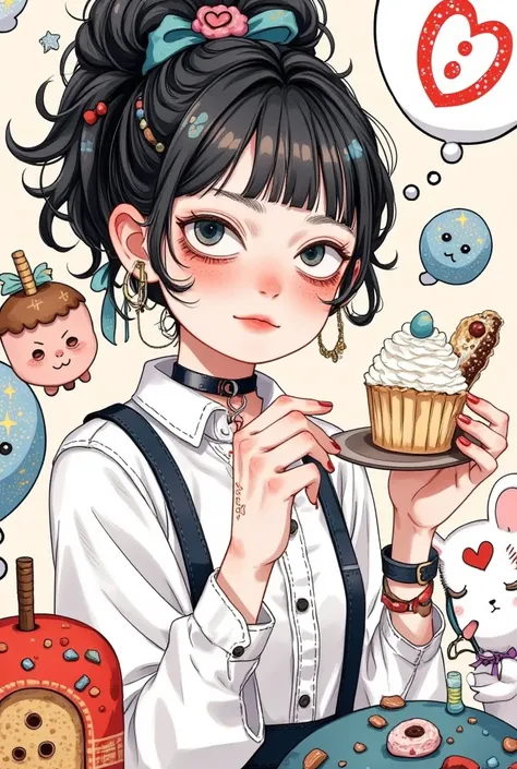 1girl, bangs, black eyes, black hair, blush, english text, food, hair ribbon, heart, holding, ribbon, shirt, signature, solo, speech bubble, spoken exclamation mark, thought bubble, upper body, white shirt