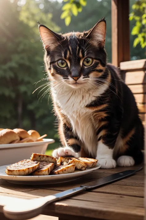 a cat eating barbecue, detailed feline features, beautiful fur texture, detailed whiskers, detailed eyes, detailed face, highly ...