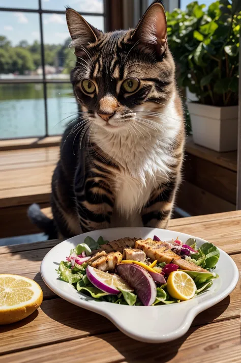 a cat eating barbecue and salad, detailed feline features, beautiful fur texture, detailed whiskers, detailed eyes, detailed fac...