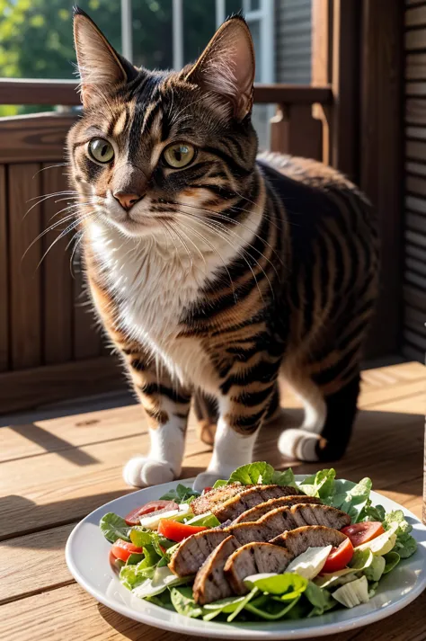 a cat eating barbecue and salad, detailed feline features, beautiful fur texture, detailed whiskers, detailed eyes, detailed fac...