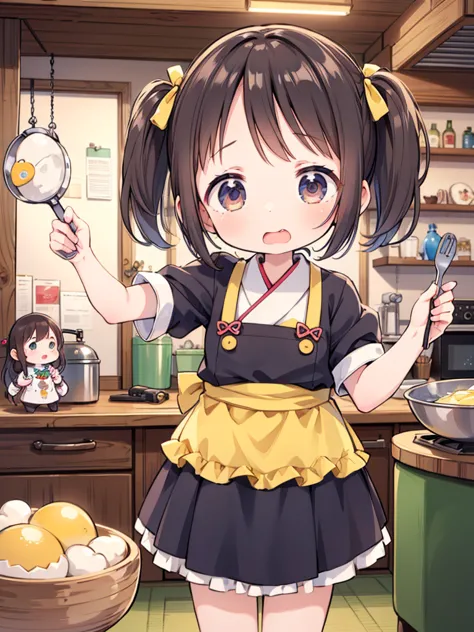 (masterpiece, ultra-detailed, best quality, clear focus, dramatic scene, cinematic), shadow, (ultra-high resolution, 8k), perfect anatomy, perfect face, (detailed face, detailed eye), cute Japanese girl, famous Japanese idol, very beautiful and cute and cool face, dynamic pose, dynamic angle, (she is cooking at the home kitchen, She is trying to make a fried egg in a frying pan, She cracks the egg and is about to put it in the bowl when suddenly a chick is born, Several chicks are walking around, The chick pops out after breaking the egg), panicking, open mouth, (wavy mouth:1.3), wearing a cute pastel colored with decorated chef's uniform with frills, ribbon, antique furnishings ,