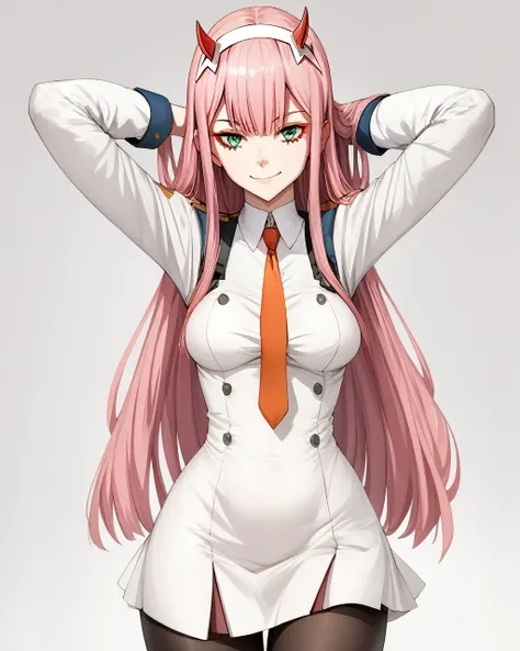 masterpiece, best qualityï¼ 1girl, solo, zero_two_\(darling_in_the_franxx\), long_hair, horns, pink_hair, pantyhose, breasts, h...