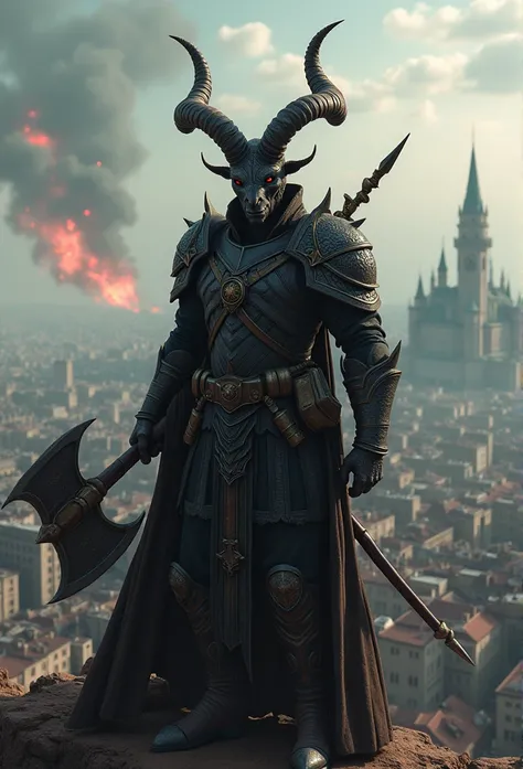 Goat-faced demon ，Wear military uniforms，Pick up the axe，red - eyed，unholy，Fierce，rampage ，Stand at the highest part of the city，Observe the city，Behind is the Demon Legion，Epic war fantasy digital art，tmasterpiece，high qulity，8K，UHD resolution，Detailed de...