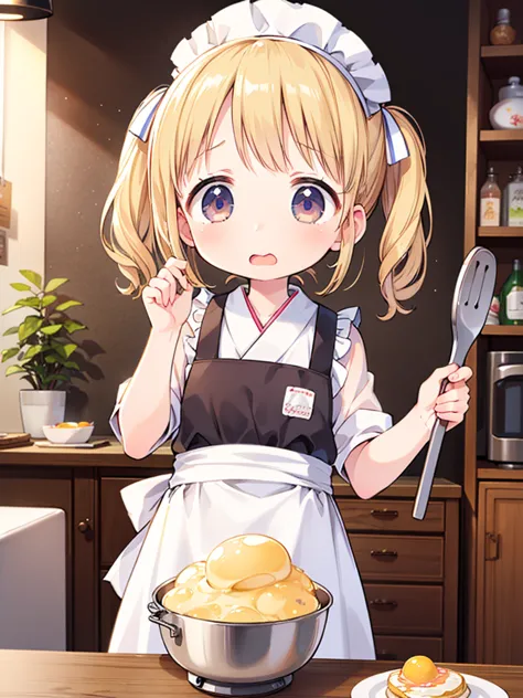 (masterpiece, ultra-detailed, best quality, clear focus, dramatic scene, cinematic), shadow, (ultra-high resolution, 8k), perfect anatomy, perfect face, (detailed face, detailed eye), cute Japanese girl, famous Japanese idol, very beautiful and cute and cool face, dynamic pose, dynamic angle, (she is cooking at the home kitchen, She is trying to make a fried egg in a frying pan, Some chicks are walking around her on the kitchen table), she is panicking because some chicks are walking, open mouth, (wavy mouth:1.3), wearing a cute pastel colored with decorated chef's uniform with frills, ribbon, antique furnishings ,