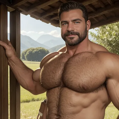 Masterpiece, Best Quality, High resolution, (1 chico:1.4), male focus, italian with tanned skin, 30-year-old farmer, ranch male, natural lighting, brown hair, italian, furry, beefy, chubby, dad body, dad bod, warm lighting, HDR, (GS-Macho :1.5), dynamic po...